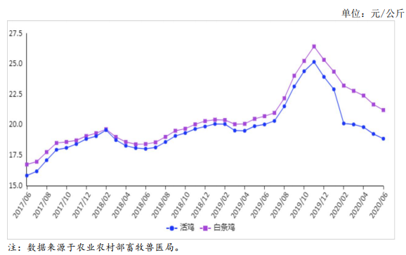 6月禽肉价格延续下跌,家禽存栏保持偏高水平,市场供给充足